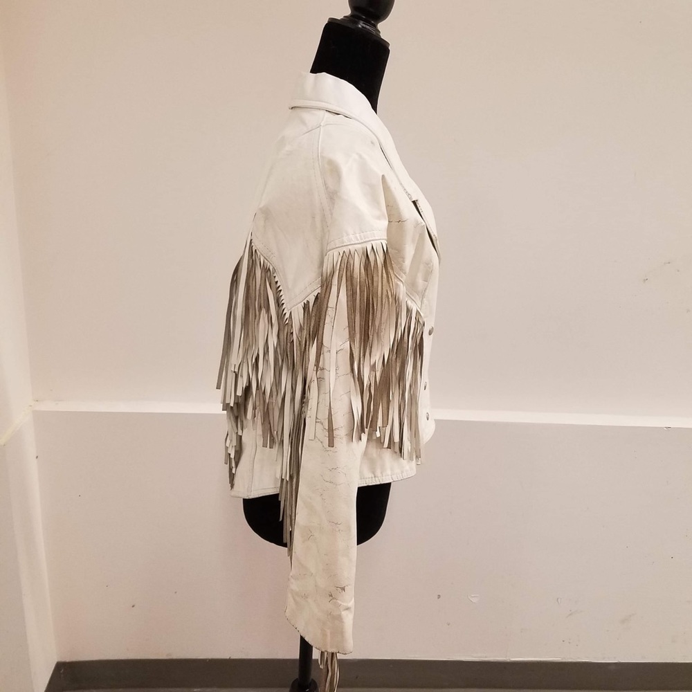 UNISEX COWBOY BEIGE WESTERN LEATHER JACKET WITH FRINGE - Picture 3 of 13